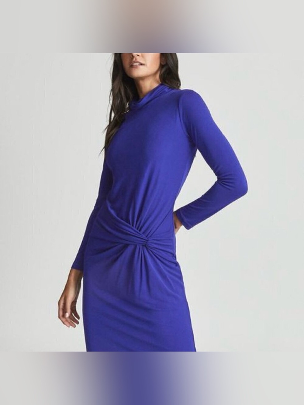REISS BLUE FREYA TWIST FRONT MIDI BODYCON LONG SLEEVE DRESS - SIZE US 8
